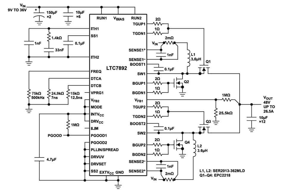 Schéma du circuit d'application - Analog Devices Inc. Contrôleur Boost biphasé LTC7892